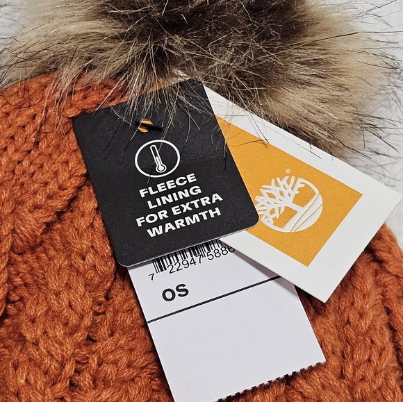 NWT Timberland Heavy Knit Orange Pom-Pom Fur Lined Beanie Hat main image 7